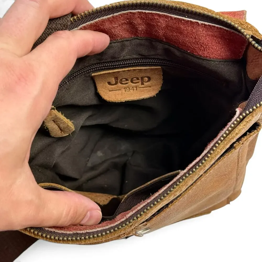 Jeep Brown Leather Small Messenger Satchel Crossbody Bag Man Purse Travel